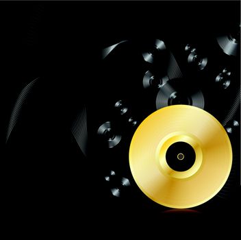 Vector illustration of gold vinyl disc with vinyl disc and waves