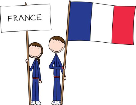 Illustration of a boy and girl holding French flag and title