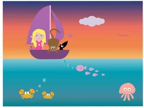 Vector illustration of a girl and her cat and dog in a boat - with a view of underwater creatures.  I have other files for children in my portfolio.