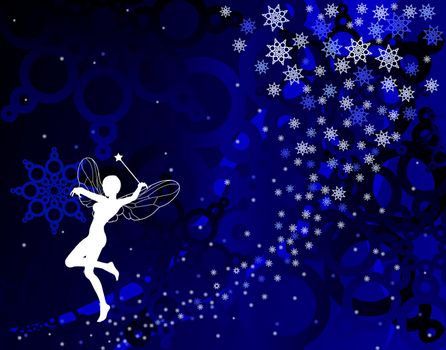 Abstract editable vector illustration of a fairy and snowflakes in blue
