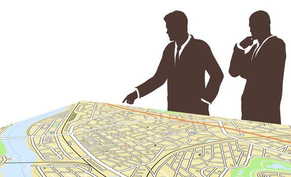 Editable vector illustration of two men standing by a generic city map