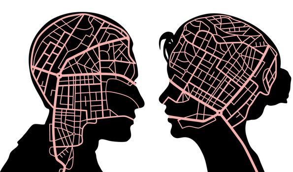 Editable vector illustration of roadmaps in the minds of a man and woman