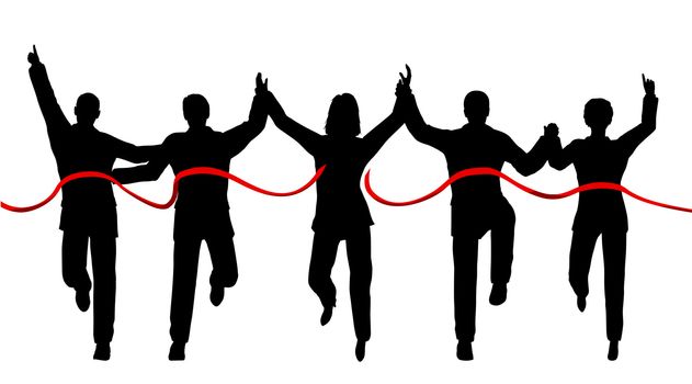 Silhouettes of a business team crossing a finishing line with each person as a separate object