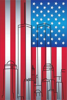 Vector illustration of silhouettes of the World Trading Center on a background of the American flag