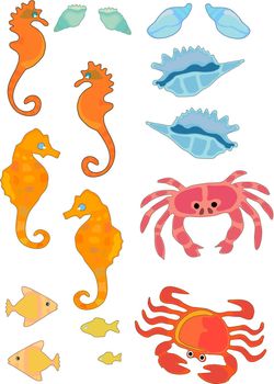 Vector Illustration of sea life and shells in bright colors.