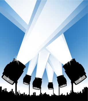 Vector illustration of an urban background with spotlights illuminating the sky. Show or event concept.