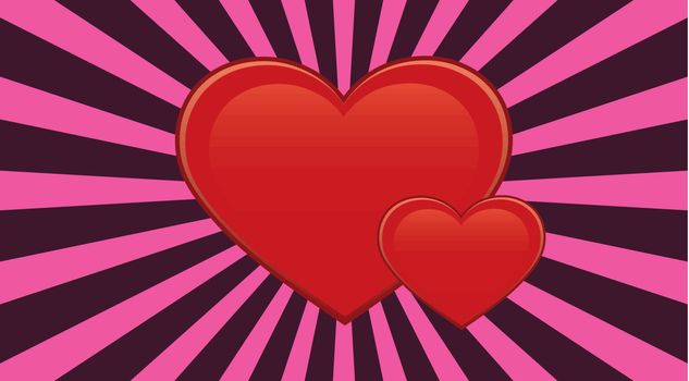 Red hearts and pink sunburst background