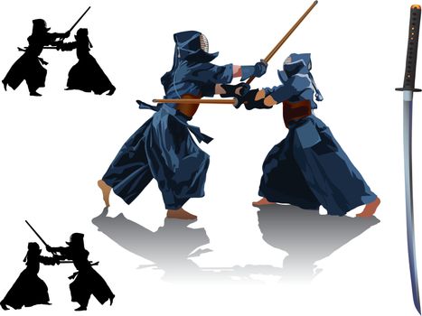 Two kendo fighters in traditional clothes make exercise with bamboo sticks. On the right side japanese katana sword. Vector color illustration.