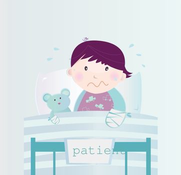 Cute small child lying in the hospital bed with illness. Vector cartoon Illustration of child with broken hand.