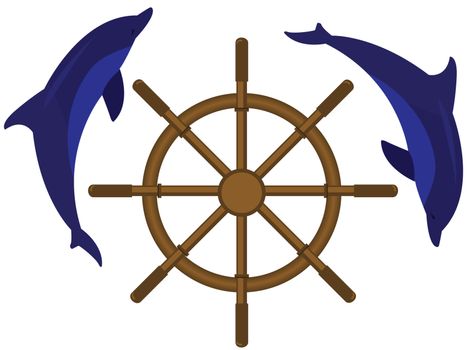 Emblem a sea steering wheel with dolphins in a vector