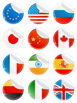 Vector illustration of 12 beautiful modern sticky peeling national icons. EU, USA, Russia, Japan, China, Canada, France, India, Spain, Germany, Italy and United Kingdom.