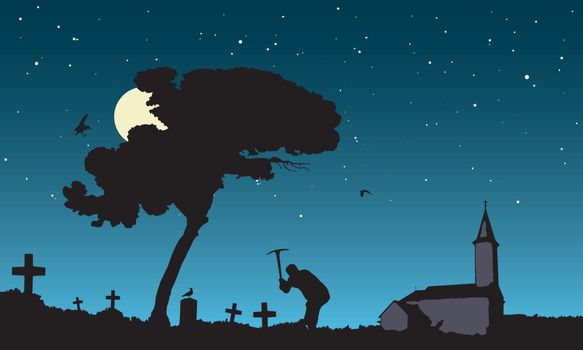 vector illustration of grave robbing in the moonlight