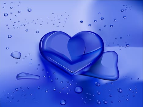 heart shaped water drop on wet blue background