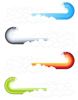 Vector illustration of cool lined splash wave graphic elements coming from a retro cloudscape.