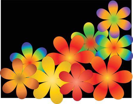 The scattered multi-coloured flowers on a black background