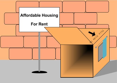 Vector Illustration of an empty cardboard box with a sign advertising affordable housing.