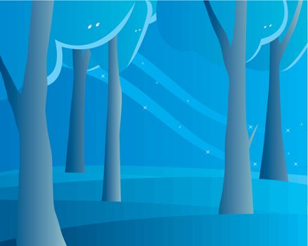 Vector illustration of a dark blue forest.