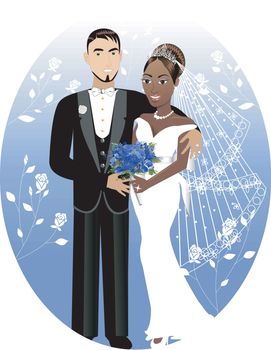 Vector Illustration. A beautiful bride and groom on their wedding day. Interracial Wedding Couple. Bride Groom 2