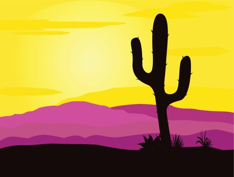 Pink and yellow desert scene with cactus palnts, weeds and mountains. Sunset in mexico desert. 