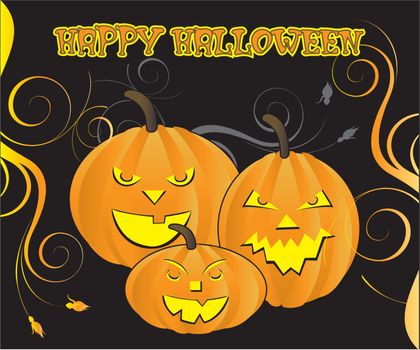 Vector Illustration for Halloween Carved Pumpkins with decorative scroll background. Can be used as a poster or greeting card and for web or print. I used MumbyPegs font.