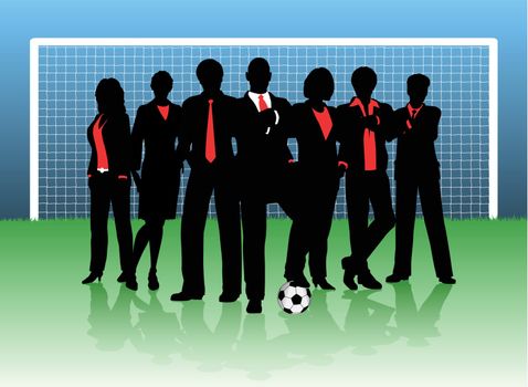 Editable vector illustration of a business team on a soccer pitch