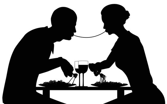 Editable vector silhouette of lovers eating spaghetti together with all elements as separate objects