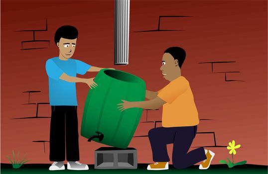 A father and son install a rain barrel to a house gutter. The EPS file contains the main elements for easy manipulation. A rain barrel improves water conservation by diverting rainwater from the sewers for use in a garden or other non-potable water use. 