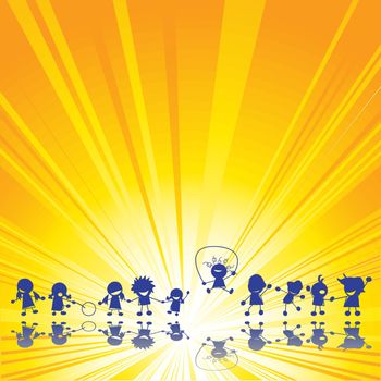 Happy children silhouettes over summer sun rays background