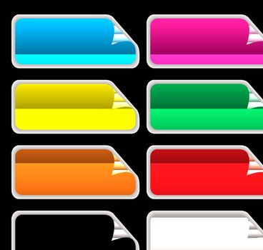 Collection of eight oblong stickers with page curl in different colours