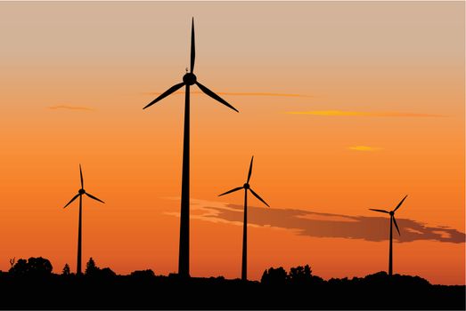 Vector illustration of four windturbines against dramatic sunset producing environment friendly energy.
