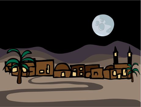 A small near east desert town with full moon at night