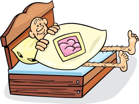 humorous vector illustration of man in too short bed