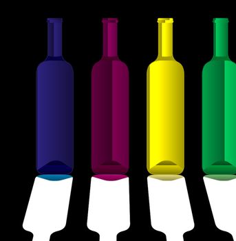 Colourful collection of wine bottles with drop shadow