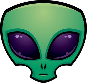 Cartoon alien head illustration with big dark eyes.