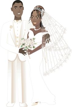 Vector Illustration. A beautiful bride and groom on their wedding day. African American Wedding Couple.