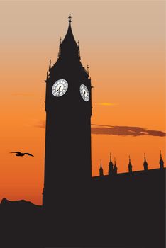 Vector silhouette of Big Ben at sunset, one of the most popular landmark in London