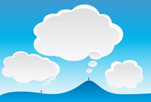 Cartoon image of thought clouds and blue sky.