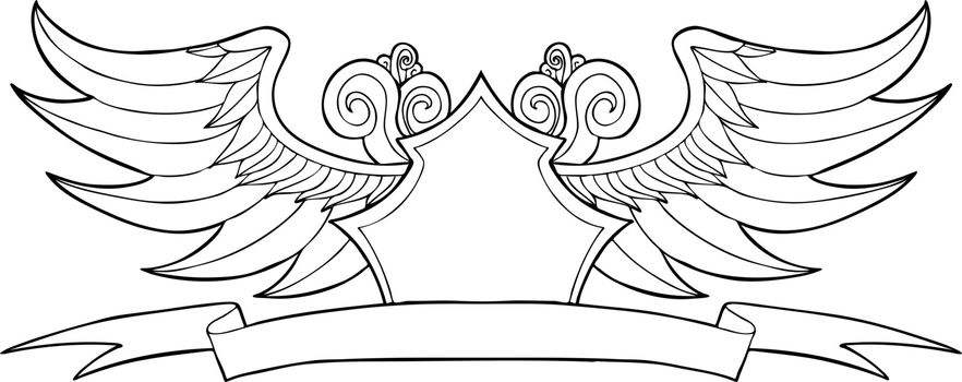 Hand drawn artsy pattern of waves and wings with crest symbol.