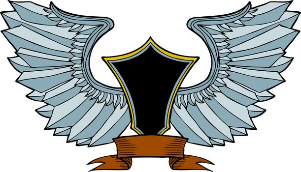 Hand drawn artsy pattern of wings with crest symbol.