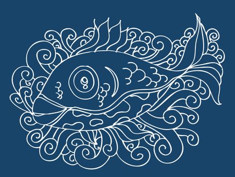 A hand drawn sketch of a fish with swirl background.