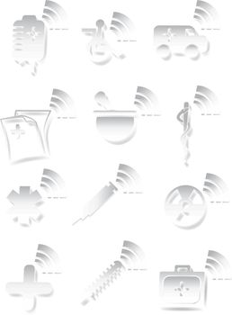 Set of black and white medical themed icons in a 3D style.