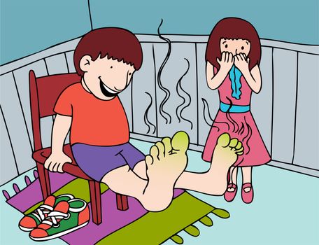 Little girl is disgusted by her brother's smelly feet.