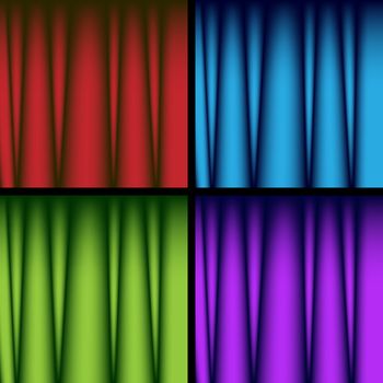 Set of four colorful drapery curtains in red, blue, green and purple.