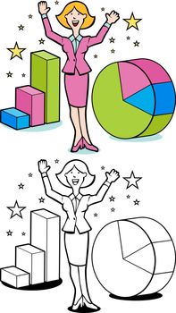 Cartoon of woman magically making business profits - both color and black / white versions.