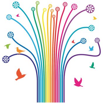 Abstract vector illustration with colored 
lines and birds 