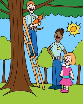 Officer rescues a cat from a tree for a little girl.