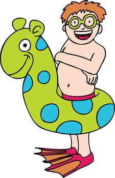 Cartoon image of kid in inflatable pool toy.