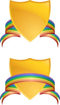 Pair of gold shields with rainbow ribbons.