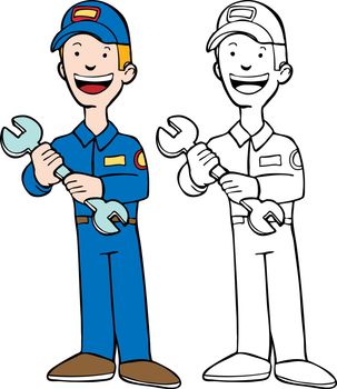 Professional repairman cartoon character with tools of the trade.