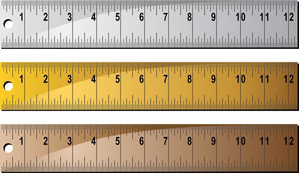 Set of 3 metal/wooden rulers with hole punch at end.  Rulers measured in inches with centimeter dashes.
